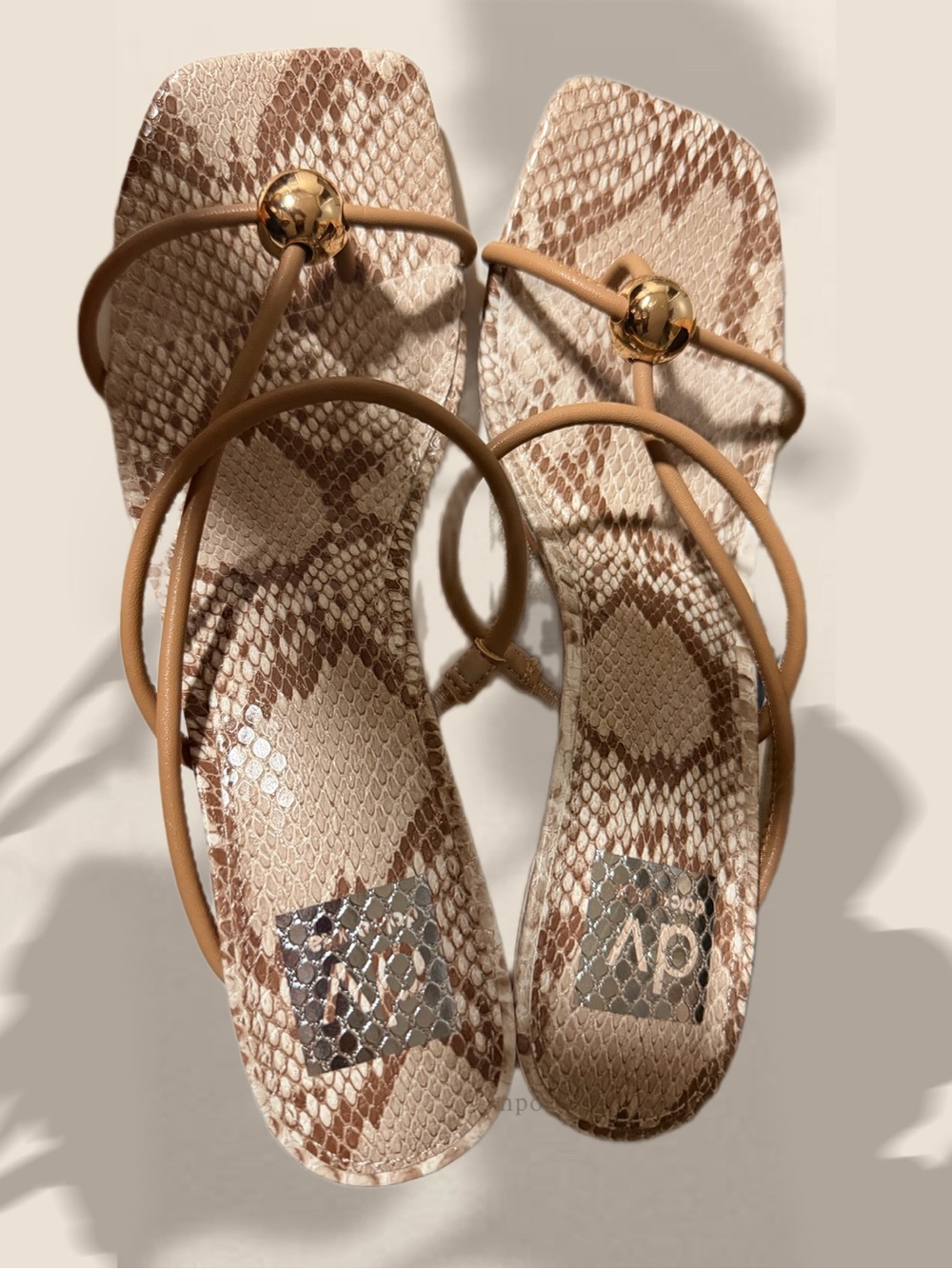 Dolce Vita Tan Snake-Print Square-Toe Sandals with Gold Orb